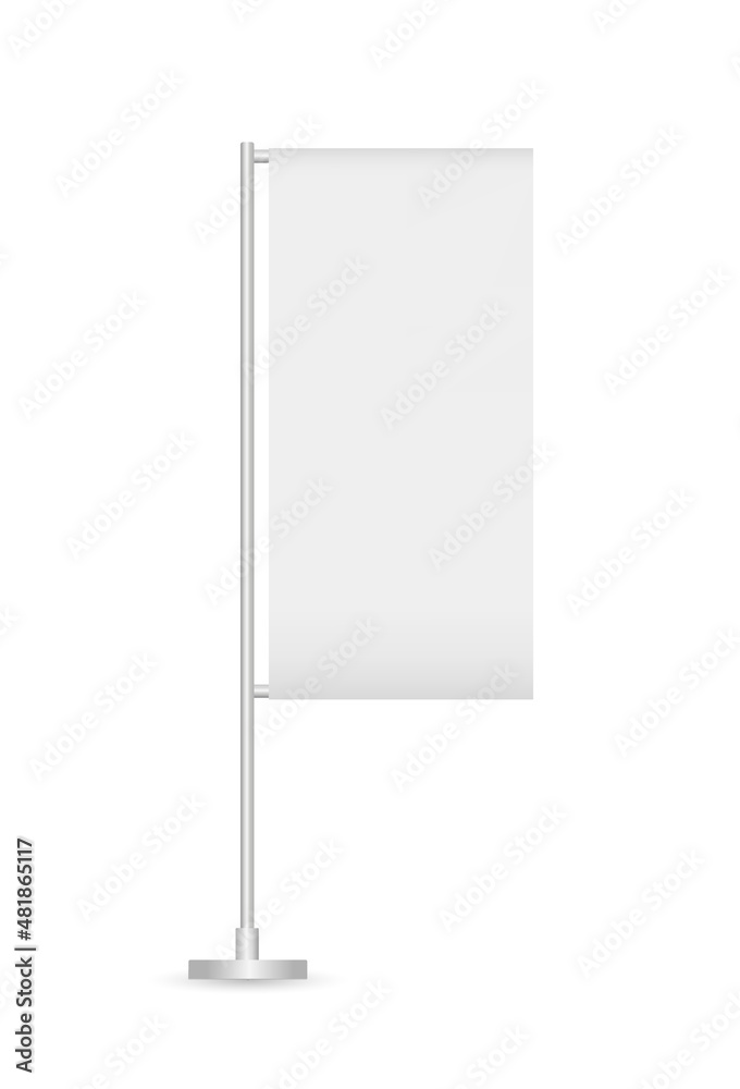 Vector realistic vertical flag, promo banner on stand steel pole. Mockup for advertising and brand promotion. Empty template. Textiles, PVC, Vinyl, Nylon. EPS 10. Vector realistic vertical flag, promo banner on stand steel pole. Mockup for advertising and brand promotion. Empty template. Textiles, PVC, Vinyl, Nylon. EPS 10.