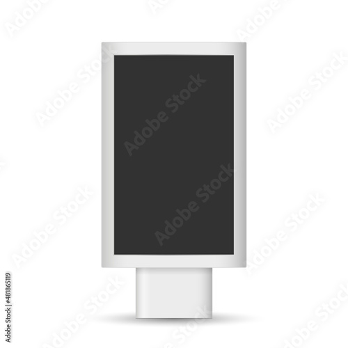 Vector realistic city light box. Outdoor advertising digital display. Silver vertical construction with Black Screen. Mockup for presentation, design, ads, pos. Empty template. Front view. EPS 10.