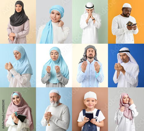 Group of praying Muslim people. Ramadan celebration photo