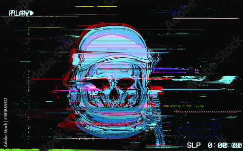 Vector Digital Glitch Astronaut Skull Illustration in the style of corrupted digital graphics and old VHS tape style.