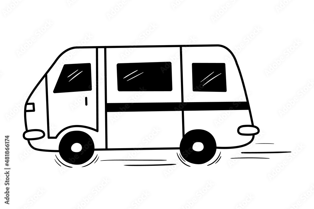 Hand drawn travel bus vector. Black outline doodle trailer. House on wheels stroke illustration isolated on white. Camping van icon