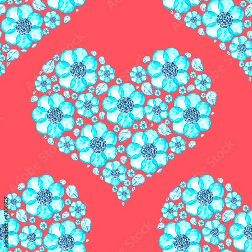 watercolor pattern hearts of flowers, Watercolor illustration.