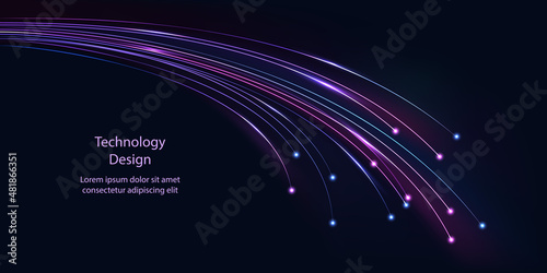 Fiber optic network technology. Neon glowing cable lines with light flare effect. Abstract tech design background. Network, connection, communication. Vector illustration