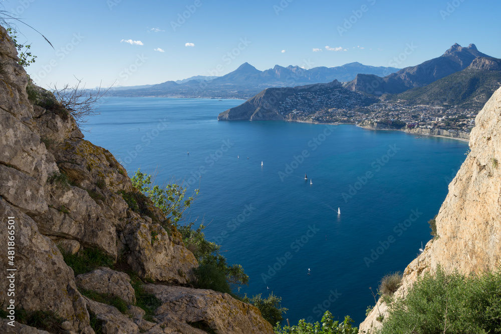 beautiful view of the blue Mediterranean sea and mountains near the coast in Calpe