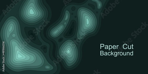 Paper cut topography background. 3d topographic relief map, ocean water, islands. Deep teal trendy design for banner or flyer. Abstract vector illustration