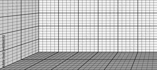 3d Room corner perspective grid. Interior wireframe grid lines, wall pattern. Virtual reality background, one point perspective view tiles. vector illustration