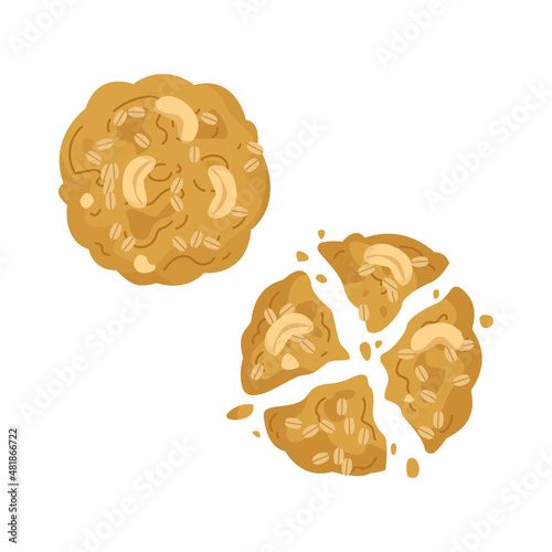A set of freehand drawings of oatmeal cookies with cashew nut pieces. Bitten cookie for dessert illustration for kids in cartoon style. Vector clipart for baking isolate. cookie icon