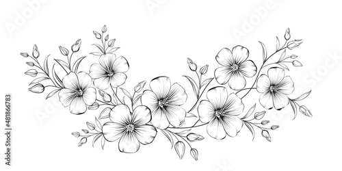 Vector drawing of a frame from linen flowers on a black and white background.