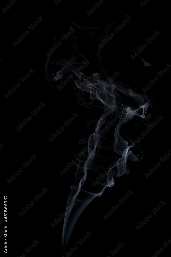 White natural steam smoke effect on solid black background with abstract blur motion wave swirl.