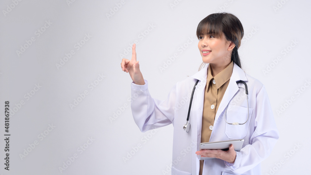 Young female doctor with stethoscope over white background Young female doctor with stethoscope over white background