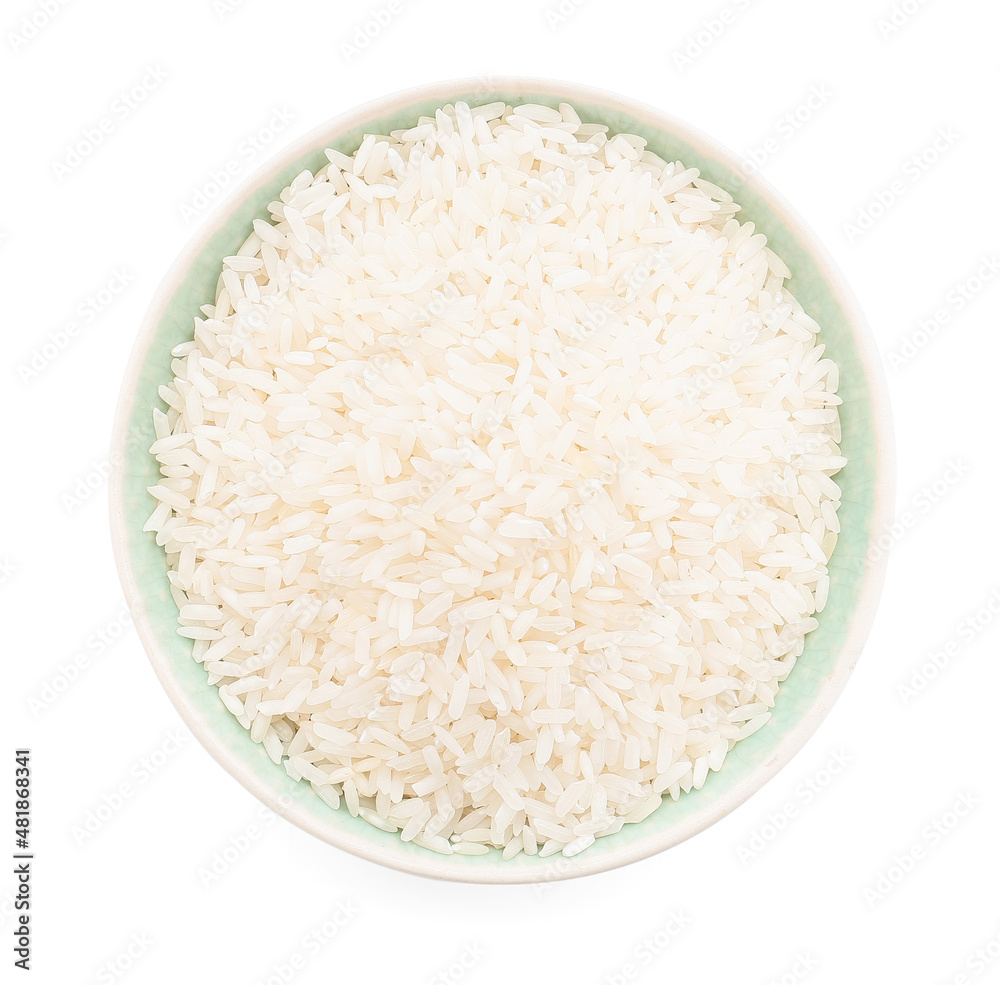 Bowl of raw rice isolated on white