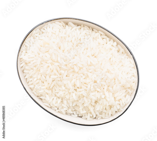 Bowl of raw rice isolated on white