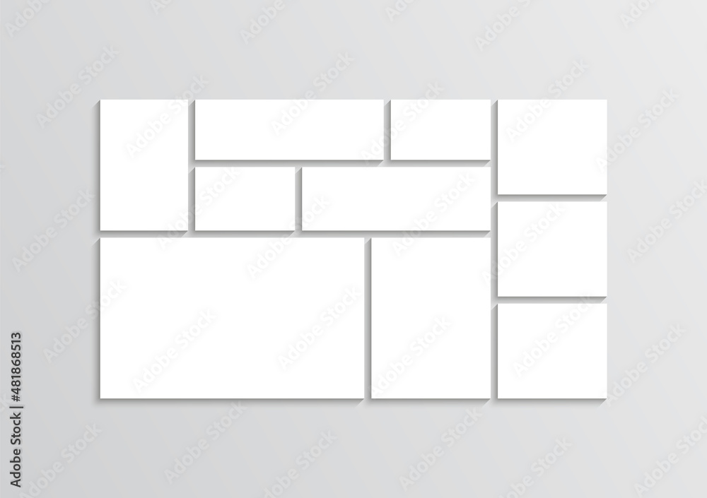 Moodboard layout. Photo collage template. Mood board grid. Mosaic pictures frame. Empty album brandboard. Retro gallery banner. Portfolio images isolated on gray background. Vector illustration Moodboard layout. Photo collage template. Mood board grid. Mosaic pictures frame. Empty album brandboard. Retro gallery banner. Portfolio images isolated on gray background. Vector illustration