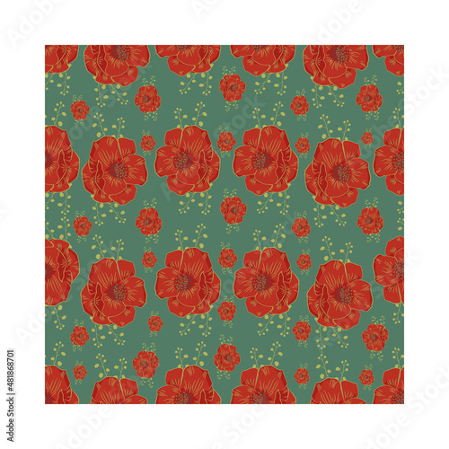 Pattern wallpaper with bright red poppies on teal colored background