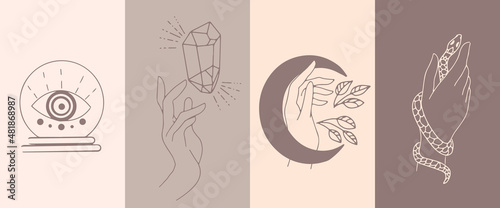 A set of female hand emblems in a minimalistic linear style. Hand gestures holding mystical symbols.