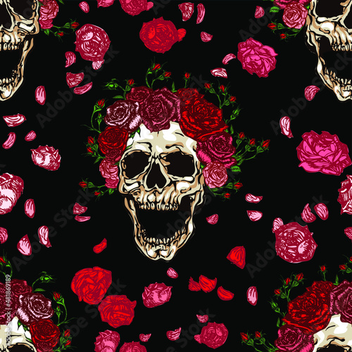Seamless vector pattern of screaming skulls with red roses wreath with buds on head and falling pink roses and petals on black background. Hand drawn illustration in tattoo style.