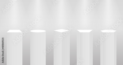 Pedestal and podium mockup in pillar shapes. Empty museum stage or pedestal mockup isolated on white background. Stand for award ceremony, product presentation and museum exhibition. Vector