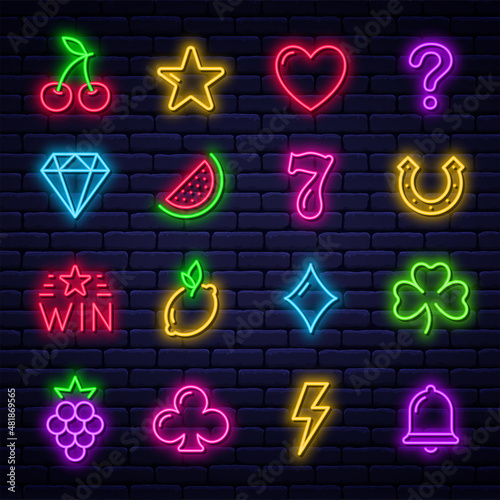 Casino icons for slot machine. Set of glowing neon gaming icons. Casino and gambling signs, fruits and online casino icons for slot machine bar. Vector