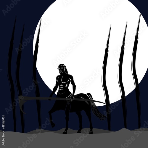illustration of a centaur standing holding a scythe in the moonlight at night