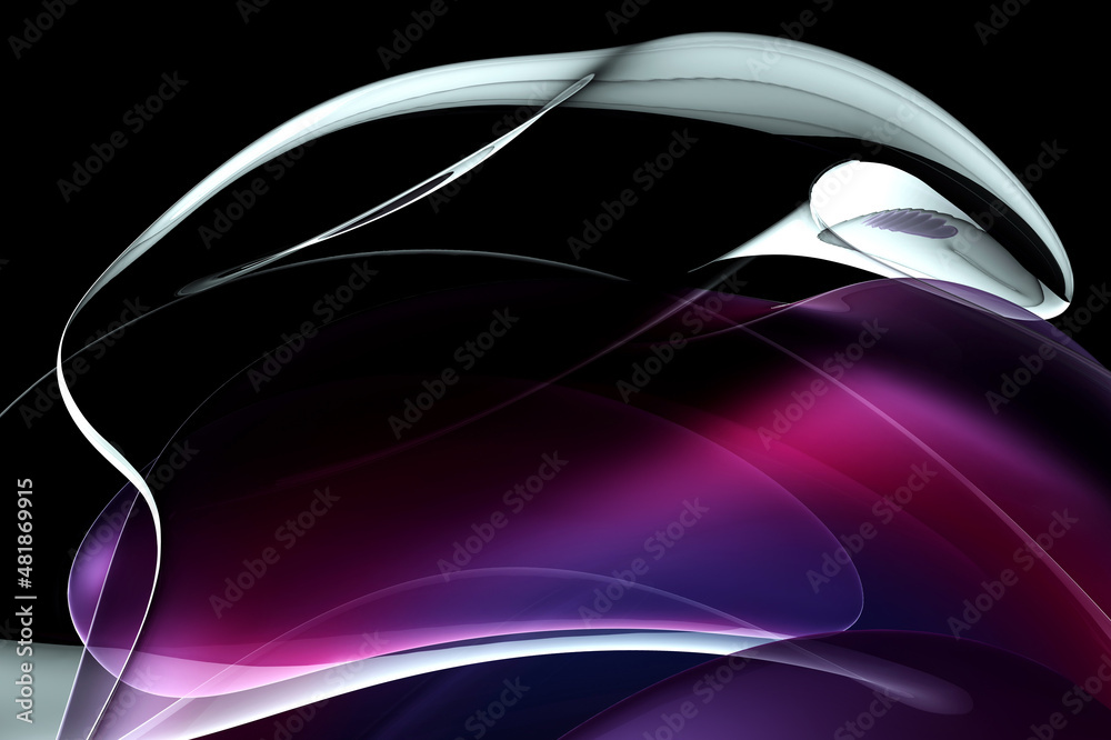 Obraz premium 3d render of abstract art 3d background with in spherical round wavy spiral smooth soft biological lines forms in transparent plastic in violet and purple gradient color in the dark black environment