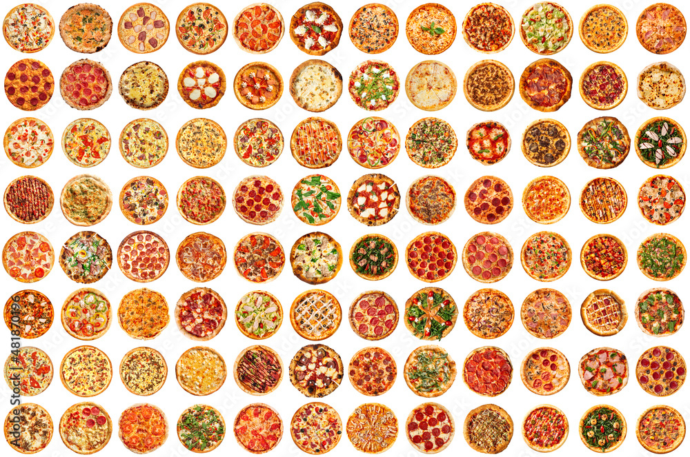 Isolated assorted variety of pizza group collage on white background