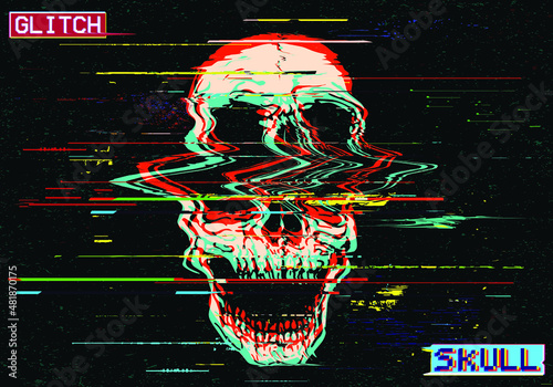 Vector GLITCH ART screaming skull illustration in the style of old TV and VHS and RGB mode corrupted graphics signal on black background.