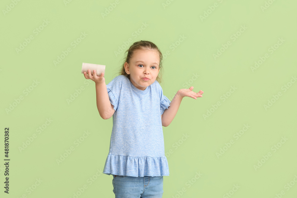 Little girl out of toilet paper on color background Little girl out of toilet paper on color background