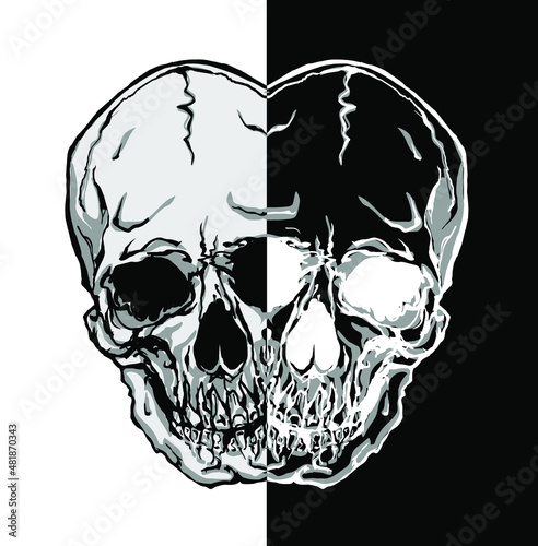 Hand drawn vector illustration of three eyed skull cut in half and isolated on black and white in positive and negative.