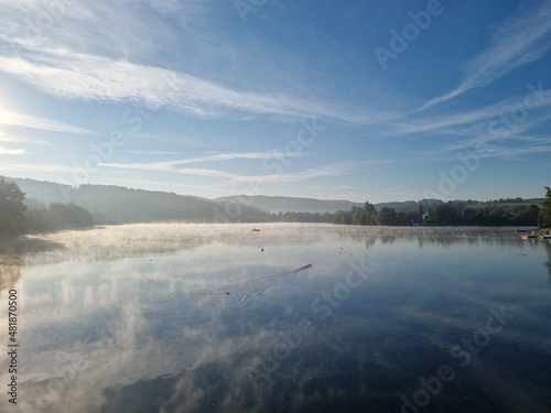 Early morning mist over the first basin of the Sorpesee  Sorpe lake   Sauerland  North Rhine-Westphalia  Germany  on a cold sunny day in October