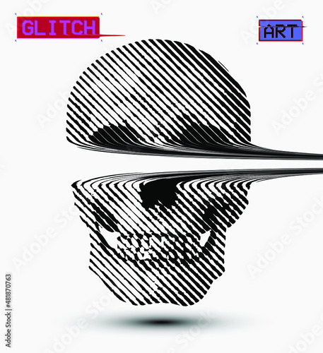 Glitch Art. Glitched line halftone skull from 3D rendering. Black and white vector illustration.