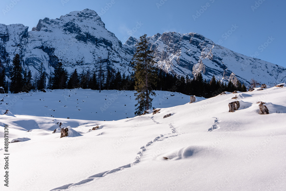 Blick auf Watzmann Massiv im Winter  bei Sonne udn Schnee mit Wind