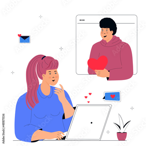 Online dating. Girl is chatting with boyfriend via laptop. Valentine's Day