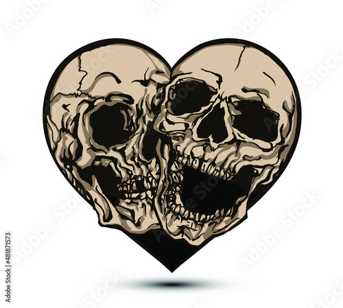 Vector illustration of two skulls inside a heart in the style of tattoo designs