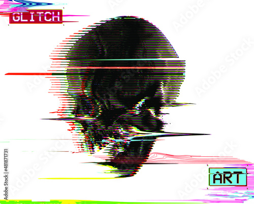 Glitch Art. Glitched horizontal line halftone skull from 3D rendering. Colorful in RGB mode vector illustration.