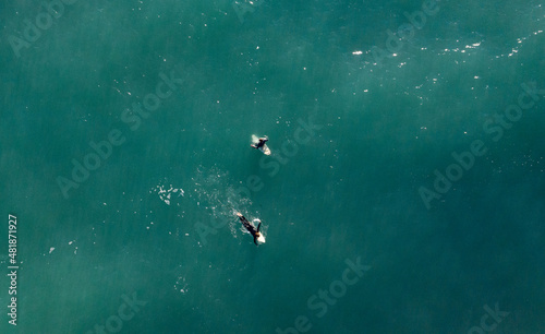 Top aerial view of surfer waiting for waves in Andalusia, south Spain in Caños de Meca
