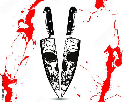 Black and white skull reflection on two kitchen knives edges. Vector illustration in the style of tattoo vintage illustrations with red blood splatters.