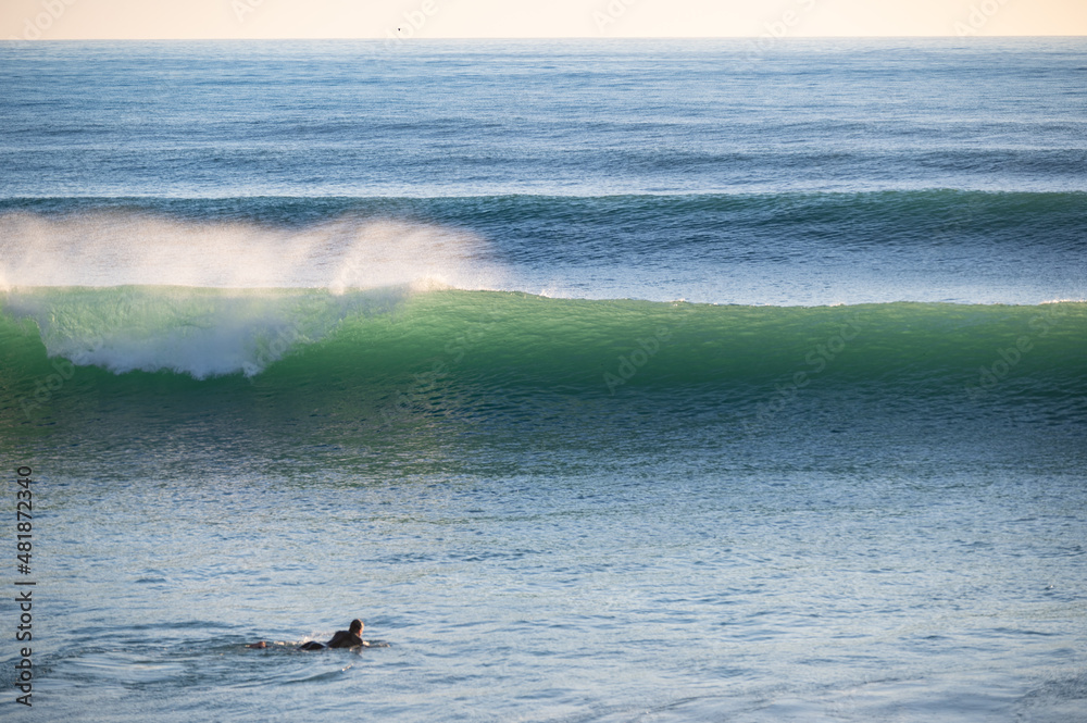 Fototapeta premium Surfer in front of big breaking Atlantic waves in Caños de Meca, Andalusia. Spanish surf spot with beautiful waves in winter