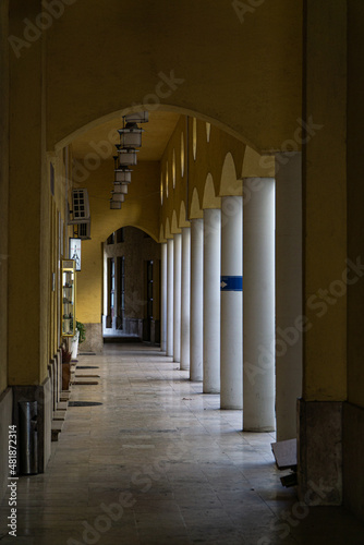 a yellow hallway in a  building