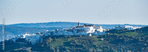 Panoramic image of beautiful andalusian white town Vejer de la Frontera on a mountain