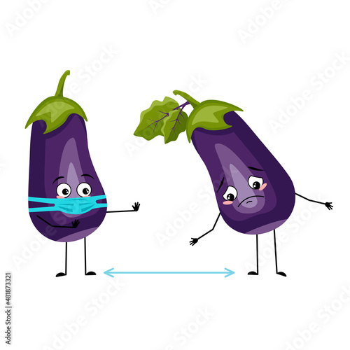 Eggplant character with sad emotions, face and mask keep distance, arms and legs. Person with expression, vegetable emoticon. Vector flat illustration