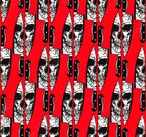 Black and white skull split face reflection on two kitchen knife edges. Vector illustration seamless pattern in the style of tattoo vintage illustrations on red background.