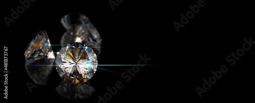 3D rendering illustration.Round cut diamond on black dark glossy background, rear light, shadow, caustics rays.