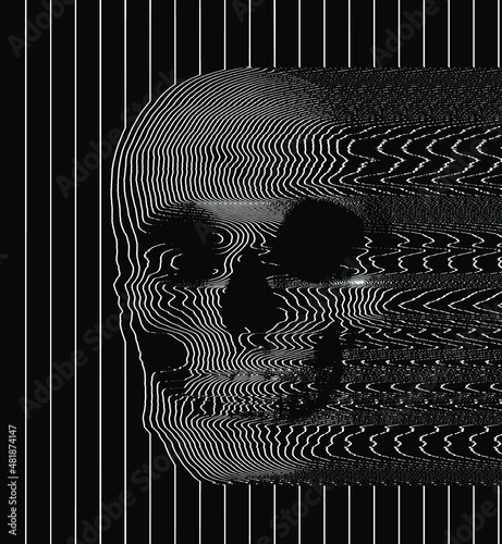 Abstract oscillator line halftone skull from 3D rendering. Black and white vector illustration on black background.