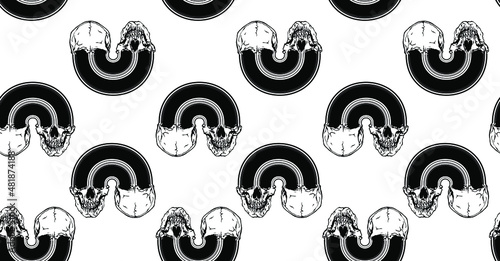 Vector black and white seamless pattern of skulls arch deformed on white background.