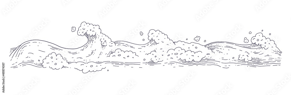 Waves sea ocean. Vector bursts splash with foam and bubbles. Outline doddle sketch black white illustration. Waves sea ocean. Vector bursts splash with foam and bubbles. Outline doddle sketch black white illustration.