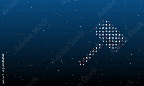 On the right is the sledgehammer symbol filled with white dots. Background pattern from dots and circles of different shades. Vector illustration on blue background with stars