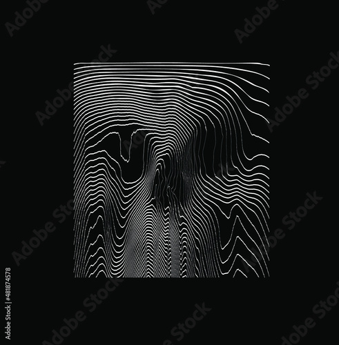 Glitched white line halftone skull from 3D black and white rendering. Vector illustration isolated on black background.