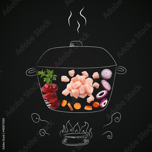 Creative collage of food on drawn sausepan on black background photo