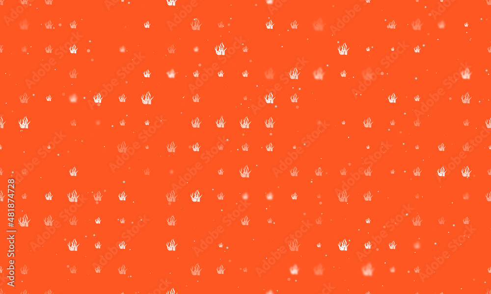 Seamless background pattern of evenly spaced white seaweed symbols of different sizes and opacity. Vector illustration on deep orange background with stars Seamless background pattern of evenly spaced white seaweed symbols of different sizes and opacity. Vector illustration on deep orange background with stars