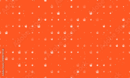 Seamless background pattern of evenly spaced white seaweed symbols of different sizes and opacity. Vector illustration on deep orange background with stars